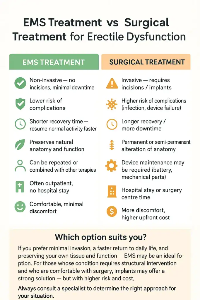 A table showing the benefits of EMS chair for erectile dysfunction treatment Cardiff compared to surgery.