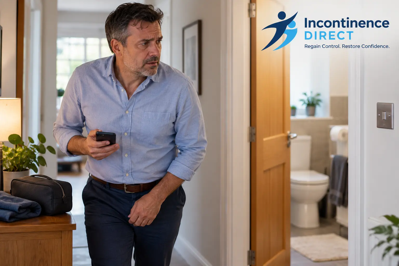 Worried Man Near Open Bathroom affected from faecal incontinence safety tips from incontinence direct Cardiff