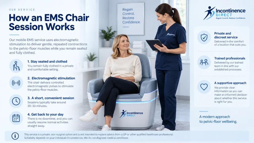 how ems chair session works at incontinence direct Cardiff a detailed infographics for the incontinence process