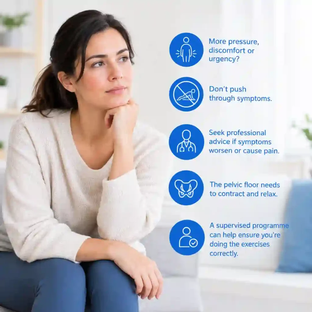 Pelvic-floor exercises Cardiff involve controlled contraction and relaxation. Persistent pressure, discomfort or urinary urgency may warrant professional assessment.